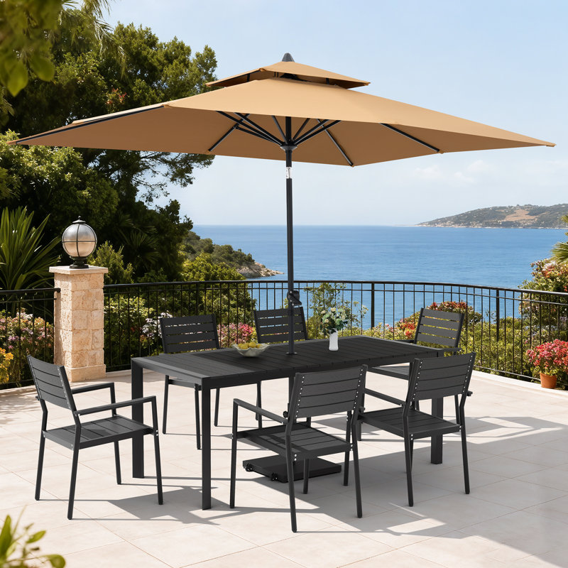 Ensemble repas pour 6 personnes en aluminium avec chaises empilables, parasol de patio et base lestée, Tanné, Noir