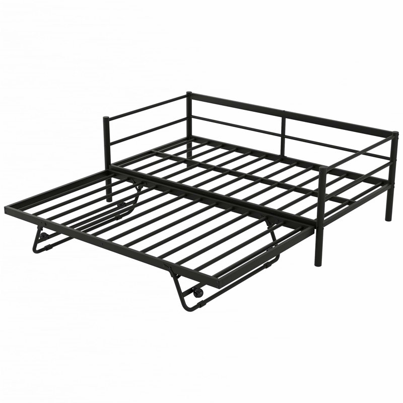 Twin Size Metal Daybed with LED and Adjustable Trundle, Pop Up Trundle, Black
