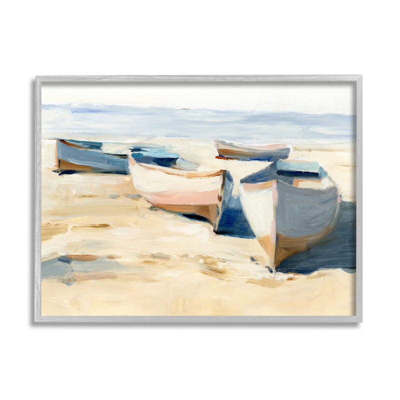 Peinture de bateaux sur la plage par Ethan Harper, Encadré gris, H 24 po x l 30 po x P 1,5 po