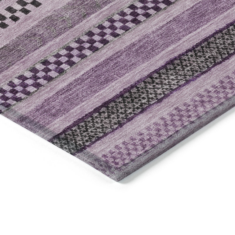 Plum and Gray Striped Washable Indoor/Outdoor Rug 3' x 5'