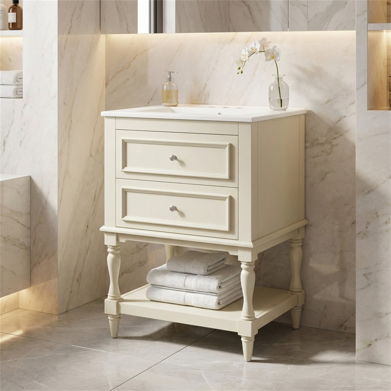 Meuble-lavabo 24 po Retro Design - Lavabo en céramique avec tablette ouverte et 2 tiroirs, style rétro Palace, Beige
