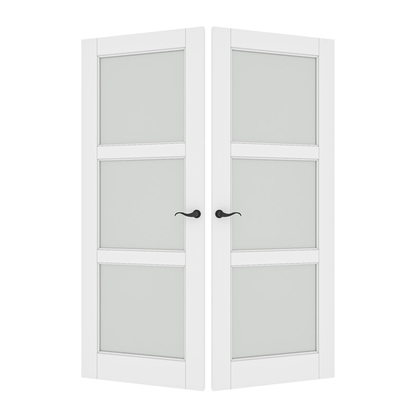 Porte intérieure double en verre massif givré 3-Lite, 64 po x 96 po, Quincaillerie noire