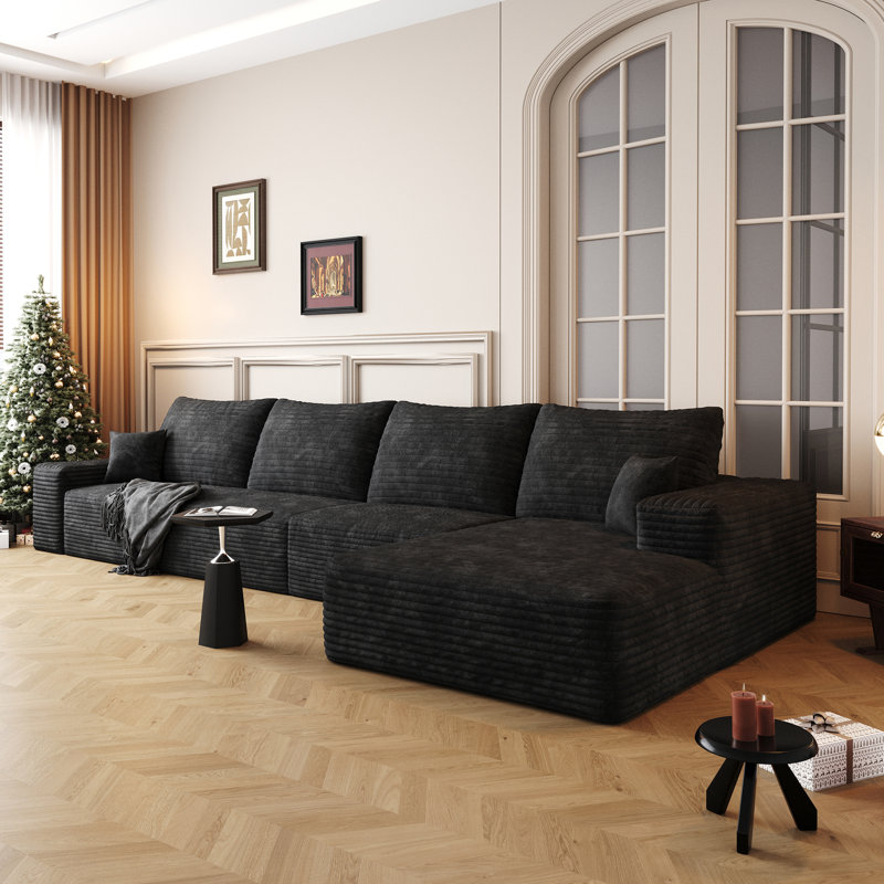 Cloud sectional with l-shape chaise, modern deep seat design in black corduroy, no assembly required, Left Hand Facing