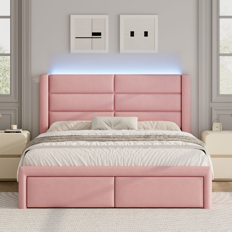 Structure de lit moderne en similicuir avec tête de lit tapissier et lumières DEL, Lit double, Rose
