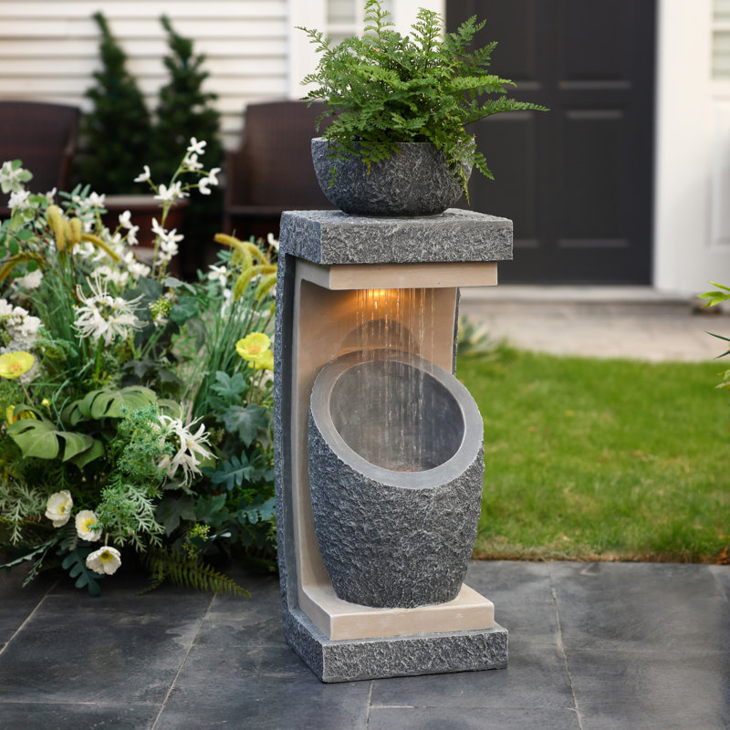 Abdulameer 32''H Gray Resin Column Outdoor Fountain with Built-In Planter and LED Light