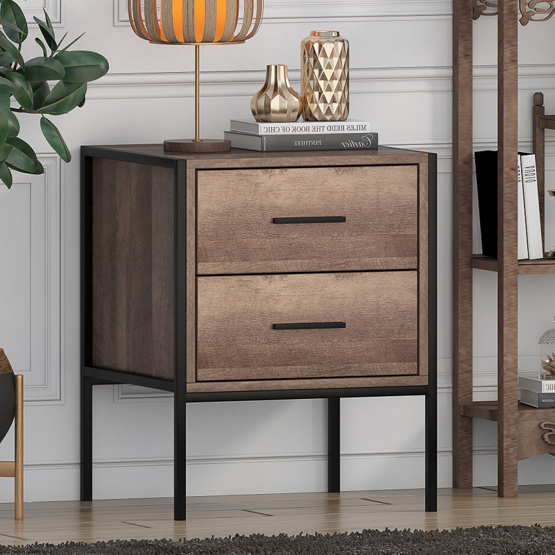 Esteban 2 Drawer Bedside Table Nightstand Cabinet. Industrial Style. Black Metal Frame.