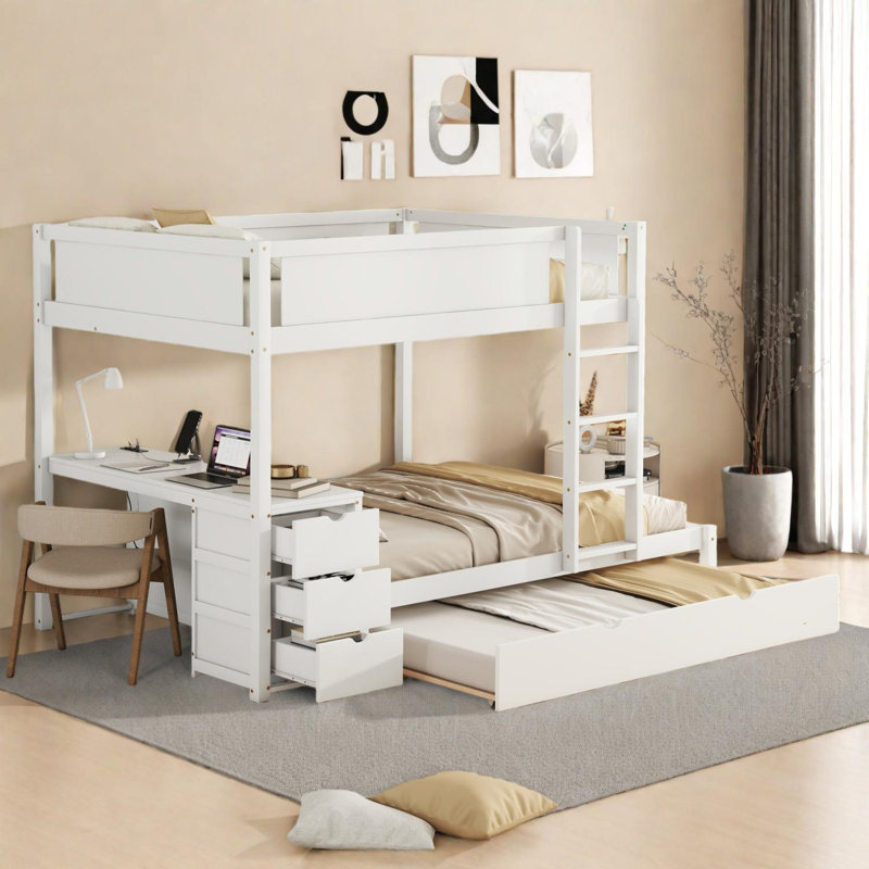 Full-Over-Full Bunk Bed with Twin Trundle, Desk, and Storage, White