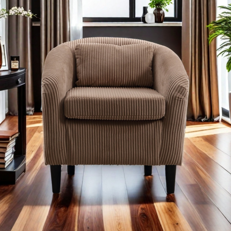 Fauteuil demi-tonneau Living Room, Velours côtelé chameau