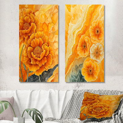 Fleurs d'œillets sur une rivière Geode - ensemble d'art mural floral en métal sur 2 - imprimé sur métal