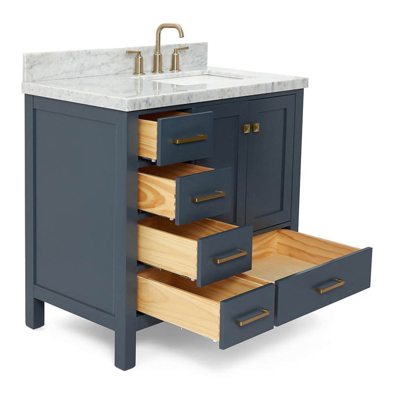 Cambridge 37'' W Single Vanity, Satin Brass, Midnight Blue, Carrara Marble