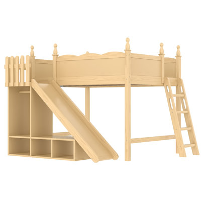 Lit mezzanine double avec tablettes de rangement et garde-robe, lits mezzanine en bois massif avec glissières et échelles amovibles, aucune boîte à ressorts nécessaire, naturel. (Protection par brevet)