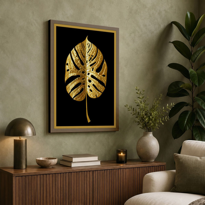 Gilded Monstera Botanical - Wrapped Canvas, 36x24 - 91.4 x 61.0 cm, Terracotta Border