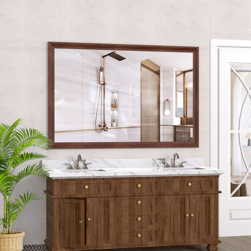 60" Oversized Modern Rectangle Bathroom Mirror, 60" x 40", Walnut