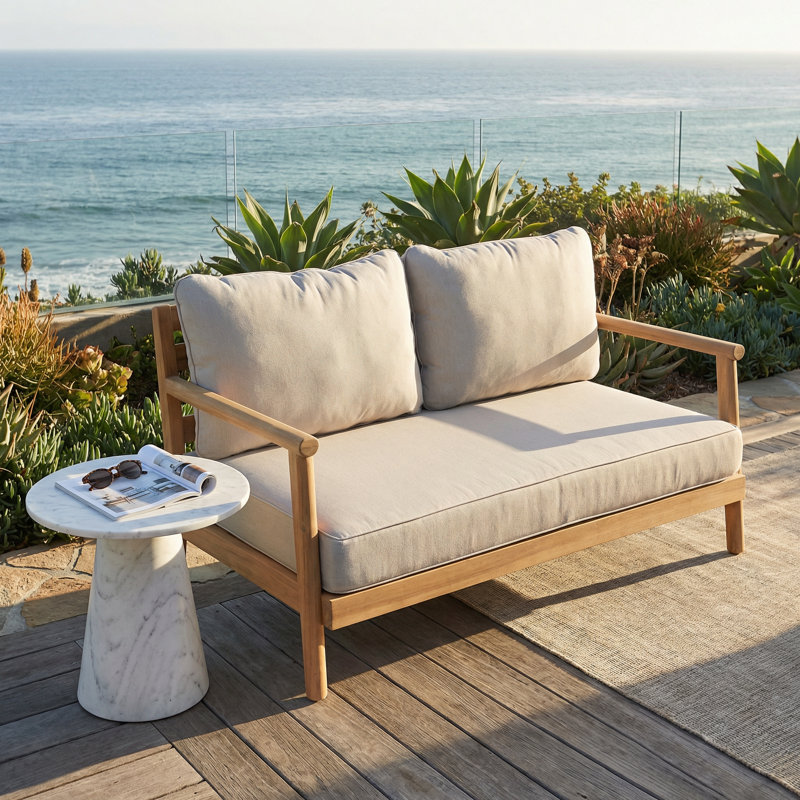 Causeuse de patio en bois d'acacia avec coussin beige résistant à l'eau