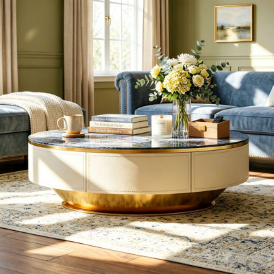 Table basse ovale moderne pré-assemblée, plateau en saphir de 51,18 po avec armoire en similicuir crème et base dorée, table basse luxueuse avec rangement à tiroir caché pour le salon