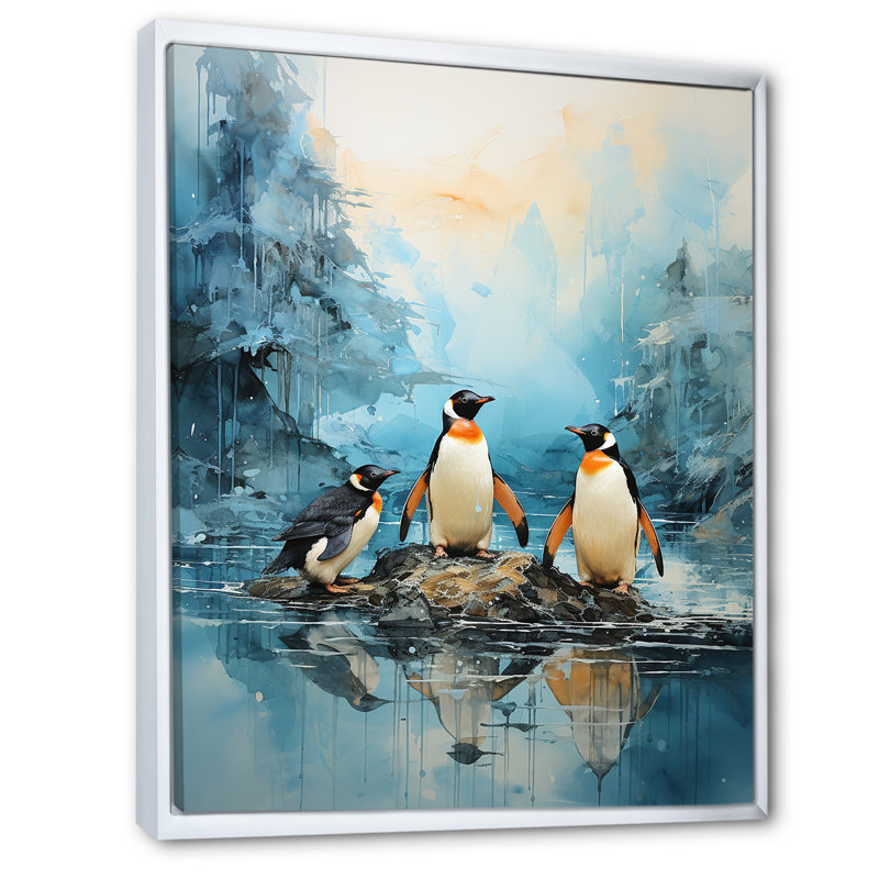 Pingouins antarctiques élégance IV sur toile, H 32 po x l 16 po x P 1 po, Cadre flottant blanc