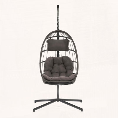 Wicker Hanging Egg Chair with Stand, Cup Holder, and Removable Guardrail, Dark Gray