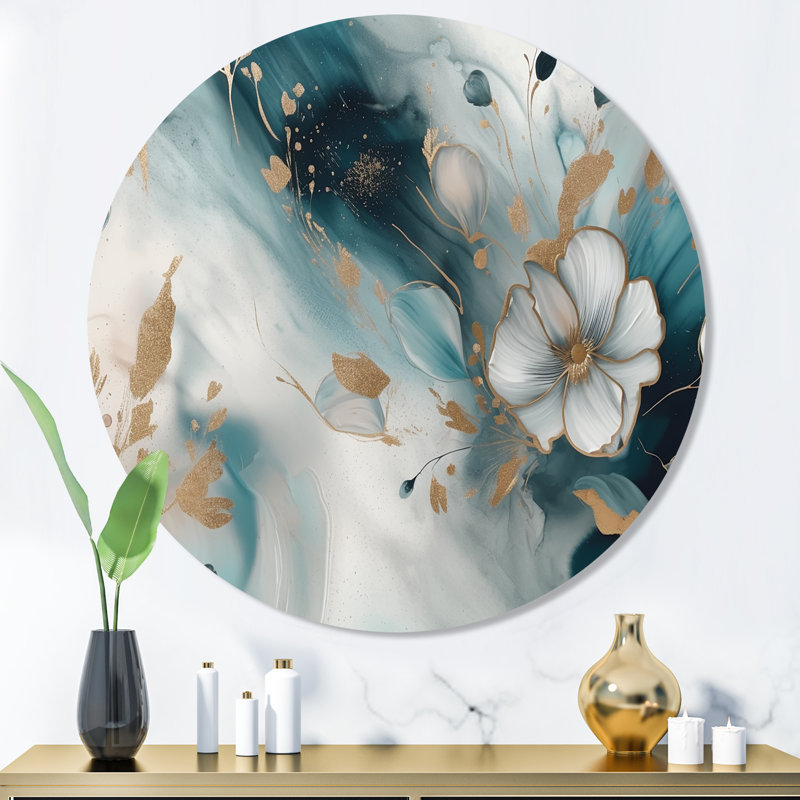 «Blue and Gold Exploration Floral Forms II», art mural rond floral abstrait en métal, H 36 po x l 36 po x P 1 po