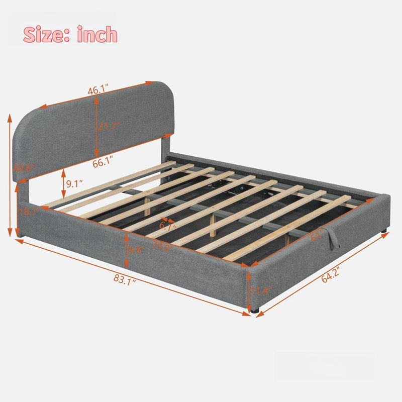 Gray Upholstered Queen Platform Bed with Hydraulic Storage