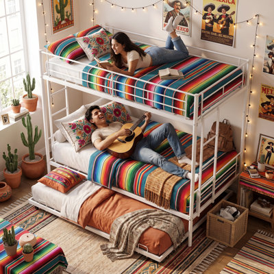 Silver Metal Twin Over Twin Bunk Bed with Underbed Trundle Bed, Double Ladders & Anti-Fall Guardrails, Noiseless Structure Multi-person Sleeping Bed No Boxspring Needed