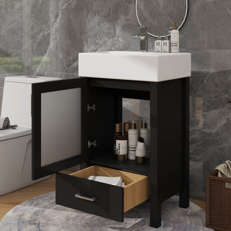 Meuble-lavabo de 20 pouces avec lavabo en céramique et beaucoup de rangement, Noir
