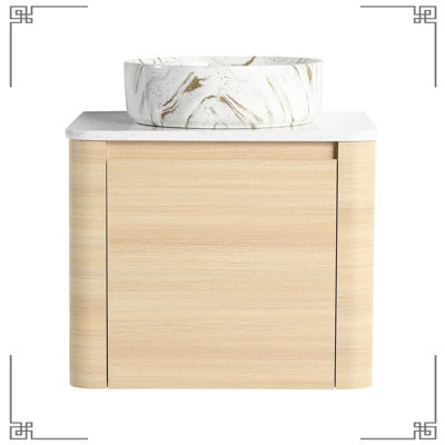 Meuble-lavabo mural de 24 po comprenant un lavabo d'art en céramique, une porte à fermeture en douceur, un emballage Kd, une fabrication en contreplaqué, un décor moderne, une dalle de pierre blanche, des charnières en acier inoxydable lisses et 45 p