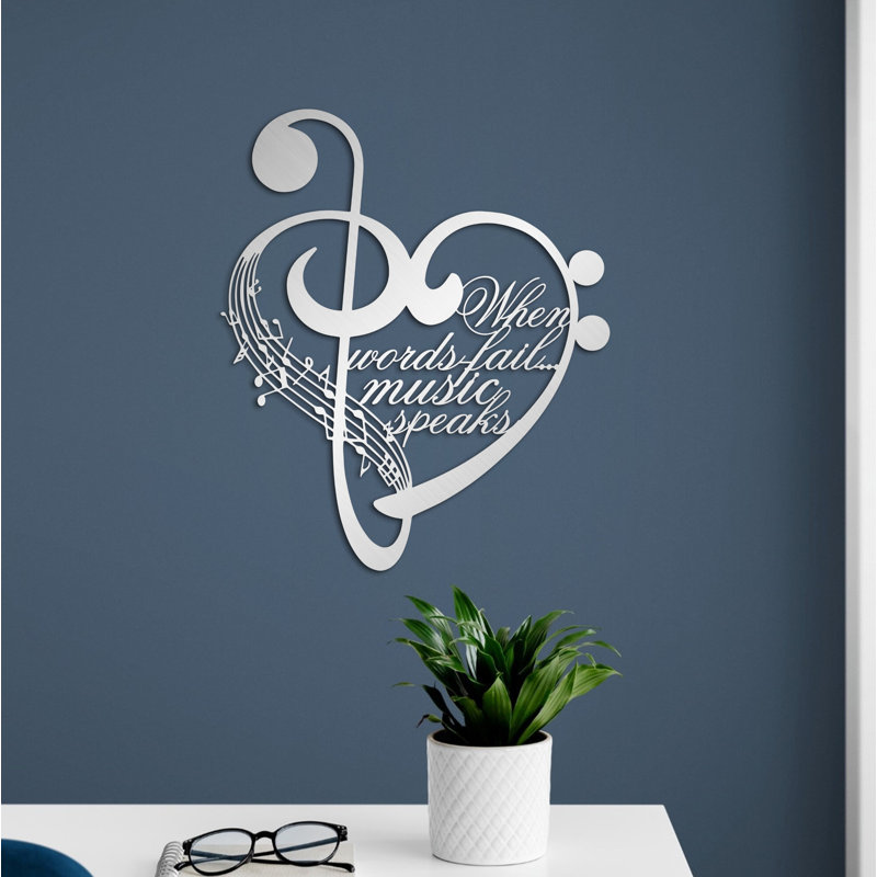Metal Notes and Heart Wall Art, When words fail music speaks, Metal Wall Decor for Musician Gift, 34" H x 28" W x 0.5" D