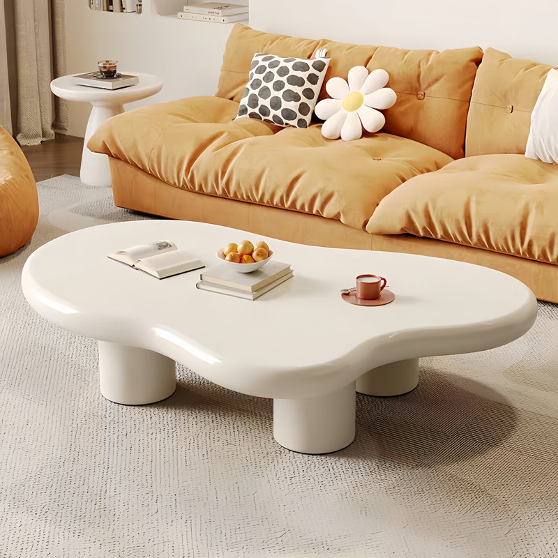 48.4Inch Cloud Shape White Four Leg Coffee Table, Solid Wood Coffee Table For Livingroom, 12.6" H x 48.4" L x 35" W, White