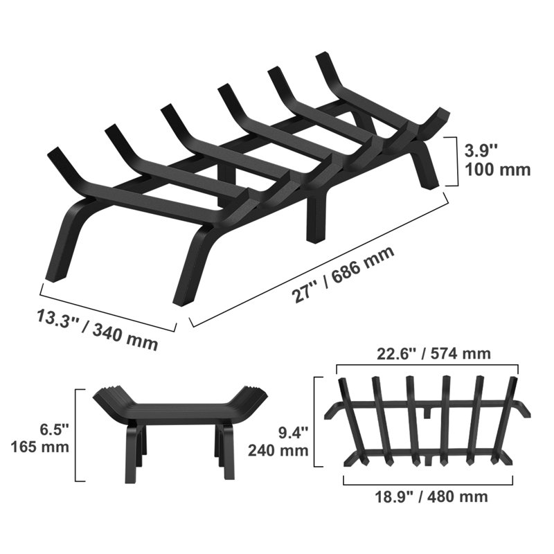 Grille de cheminée en acier, H 6,5 po x l 27 po x P 7,1 po