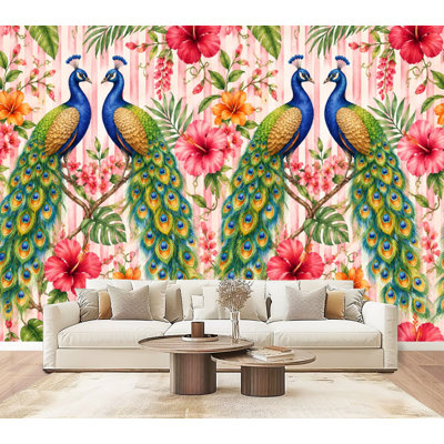 Papier peint adhésif à motif de feuilles de fleurs tropicales à motif de feuilles de paon multicolores, H 69 po x l 96 po, adhésif mural amovible en PVC pour bureau de chambre à coucher