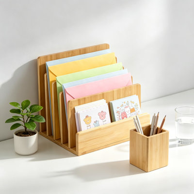Organiseur de bureau en bambou avec fentes réglables, trieur de courrier vertical et porte-documents pour le bureau personnel, rangement de bureau pour dossiers, lettres, enveloppes et factures