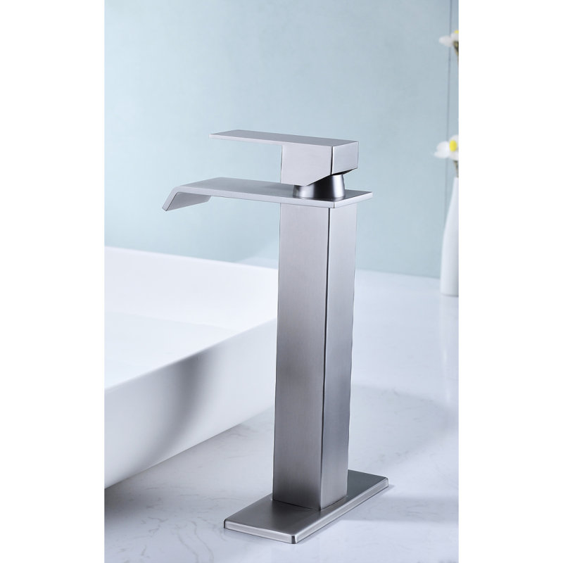 Robinet de lavabo pour salle de bain à poignée simple Waterfall Spout, Nickel brossé