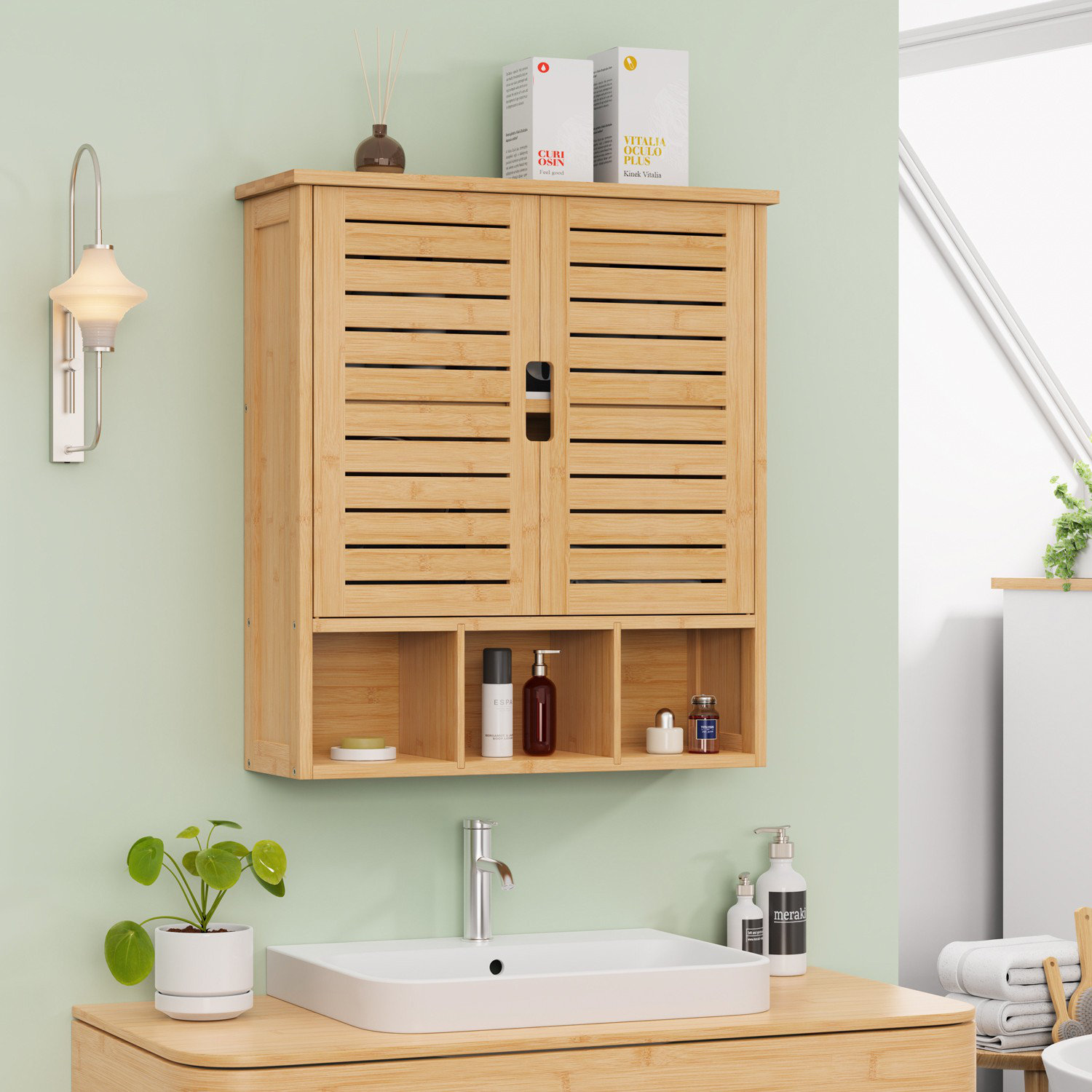 Millwood Pines Cleonte Bamboo Bathroom Wall Cabinet with 2 Doors ...