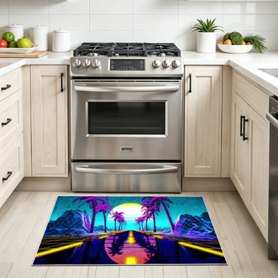Clear Retro Futuristic Landscape Neon Lights Terrain Grid Vintage Machine Washable Indoor Area Rug