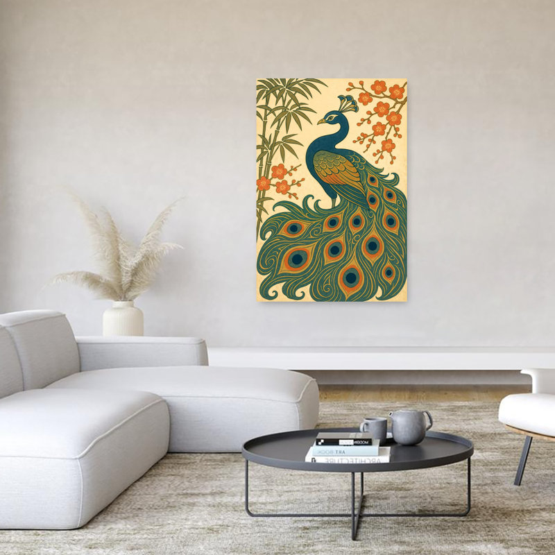 «Elegant Peacock Plum Blossoms Elegant Vibrant Contemporary Bamboo Bird Cherry Flower Nature», art mural, H 60 po x l 40 po