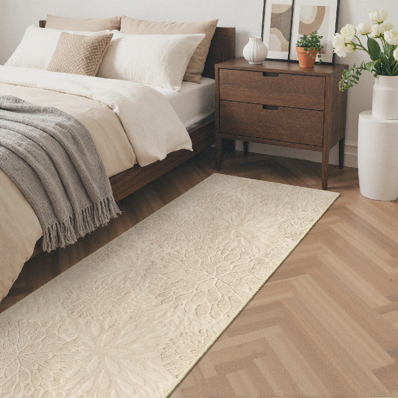 Liverpool Solid Floral High Low Pile Soft Plush Textured Washable Non-Slip Beige Indoor Runner Rug, Runner 2'3" x 8', Beige