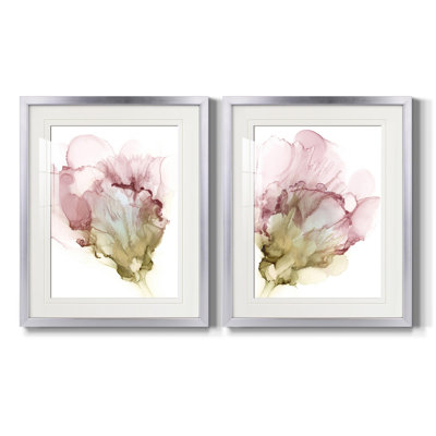 Flowering Pink I Flowering Pink I - Vintage Botanical Print, Matted and Framed Under Acrylic Glass, Set of 2, Living Room and Dining Room Wall Art