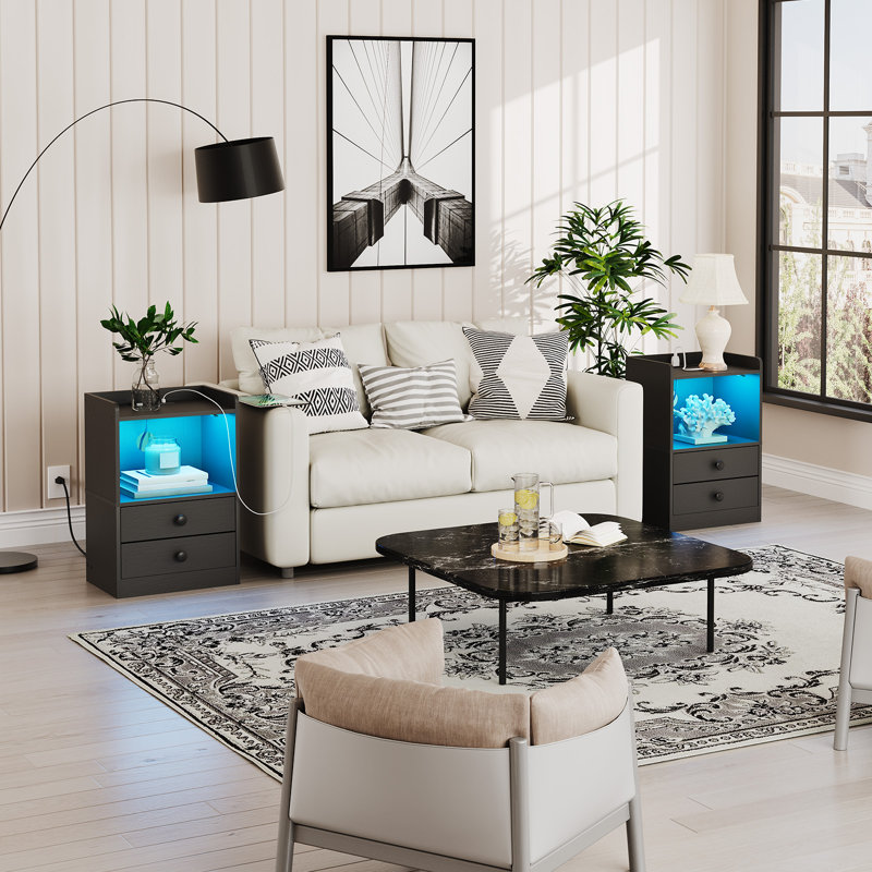 Geil 2 - Drawer Nightstand with Charging Station and LED Lights, End Table with 2 Drawers and Storage, Black