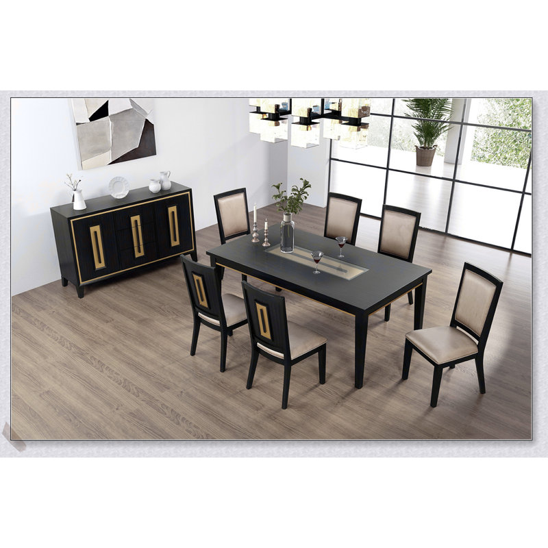 Ensemble de salle à manger 7 pièces espresso contemporain avec plateau en verre et 6 chaises en bois pour les salles à manger modernes