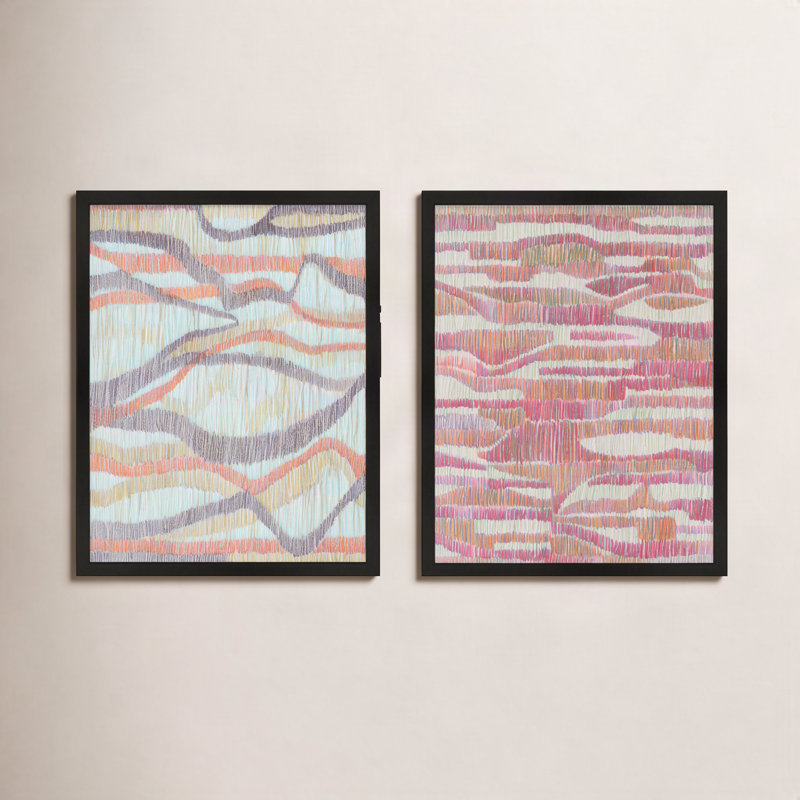 Rhythm & Ripples. Set Of 2 Painting by Jacques Pilon, 25" H x 20" W x 1.25" D, Black Framed