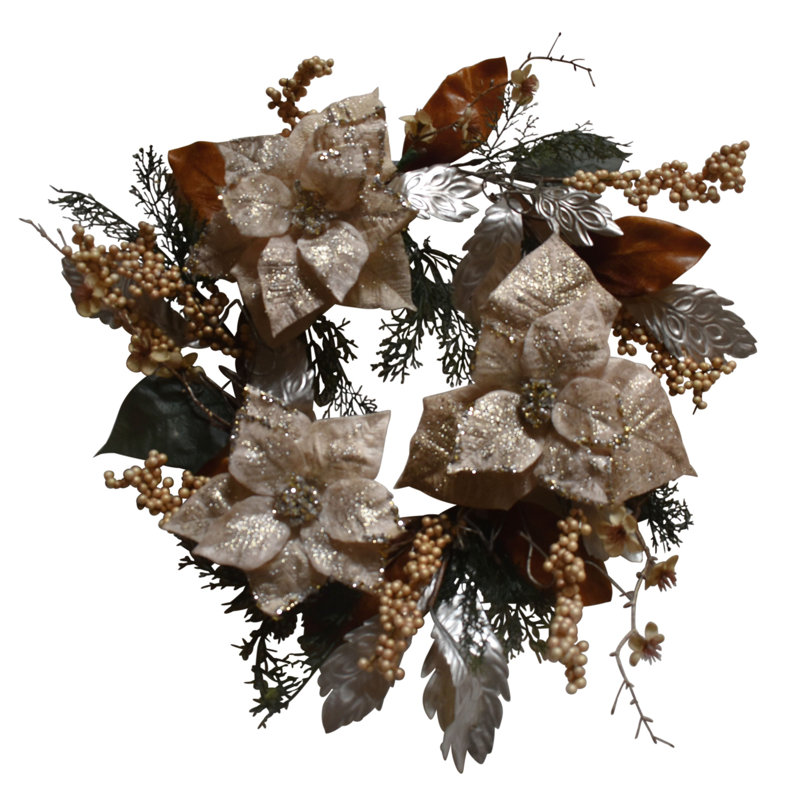 24" Champagne Poinsettias Cherry Blossom Flowers Wreath , Silver