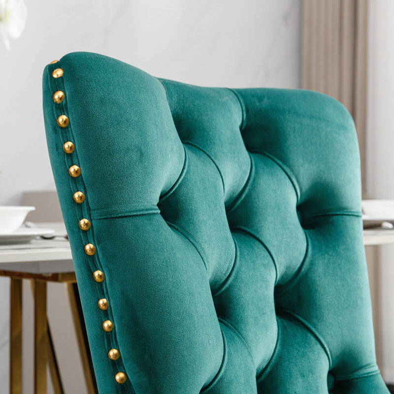 Chaise de salle à manger en velours avec anneau à dossier et pieds en bois massif, 2, Vert, Doré