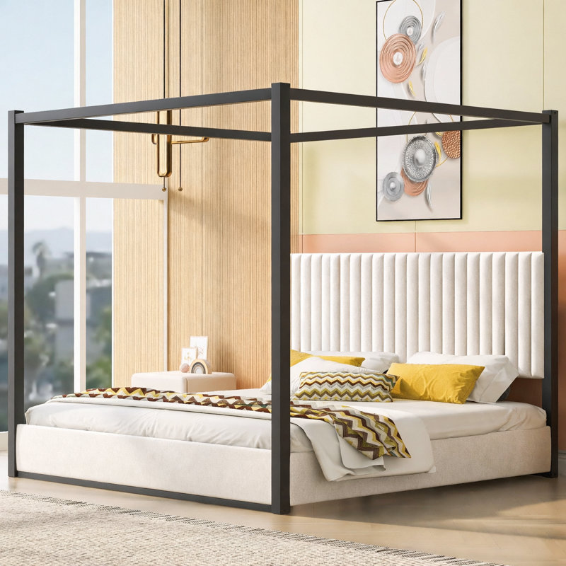 Queen Size Upholstery Canopy Platform Bed with Headboard and Metal Frame, White, Queen, Black/White