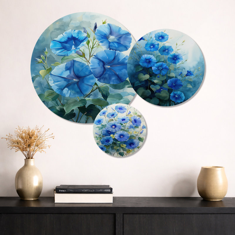 «Garden of Blue Dreams Morning Glory Flowers I», impression murale à 3 panneaux floraux