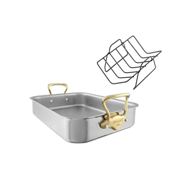 Mauviel M'cook B Roasting Pan With Rack, Brass Handles, 6.3" H x 17" L x 11.03" W