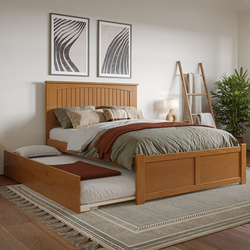 Nantucket Solid Wood Platform Bed with Footboard & Twin Trundle, Light Toffee, Full / Double