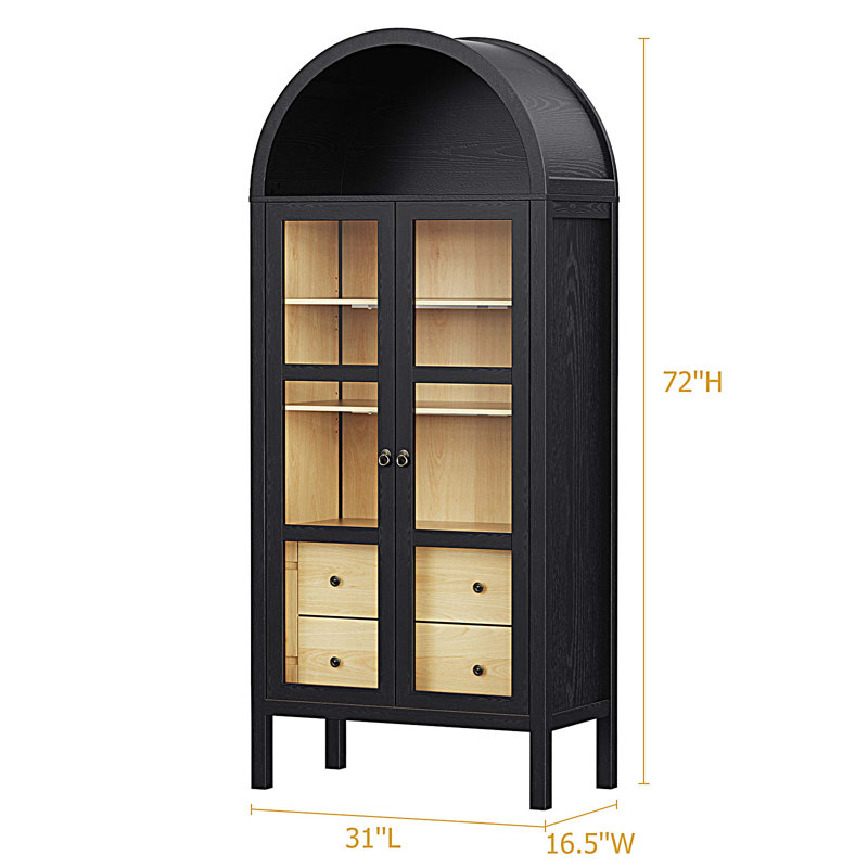 Bibliothèque de 72 po de hauteur avec portes en verre, armoire de cuisine autoportante arquée Farmhouse avec tablettes réglables, bibliothèque moderne avec tiroirs