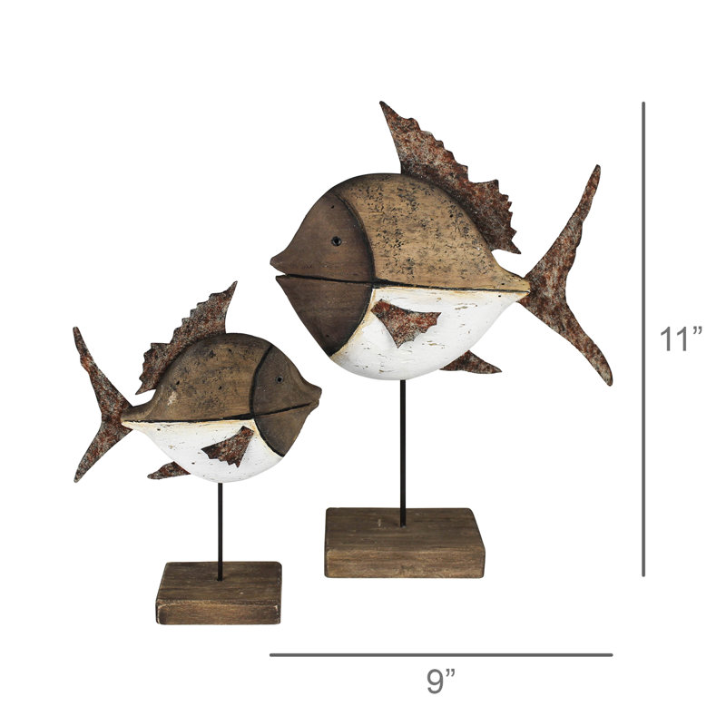 Fish, Wood, Set Of 2 Sm: 6X2.25X7, Lrg: 9X2.75X11