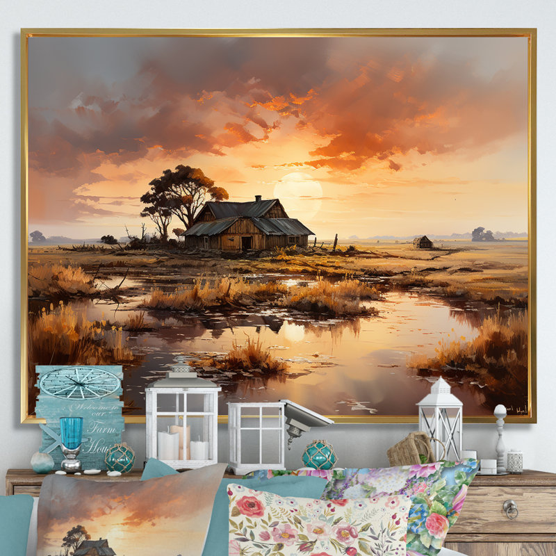 Sunrise Countryside Farm Unveile - impression, Cadre flottant doré, H 24 po x l 32 po x P 1 po