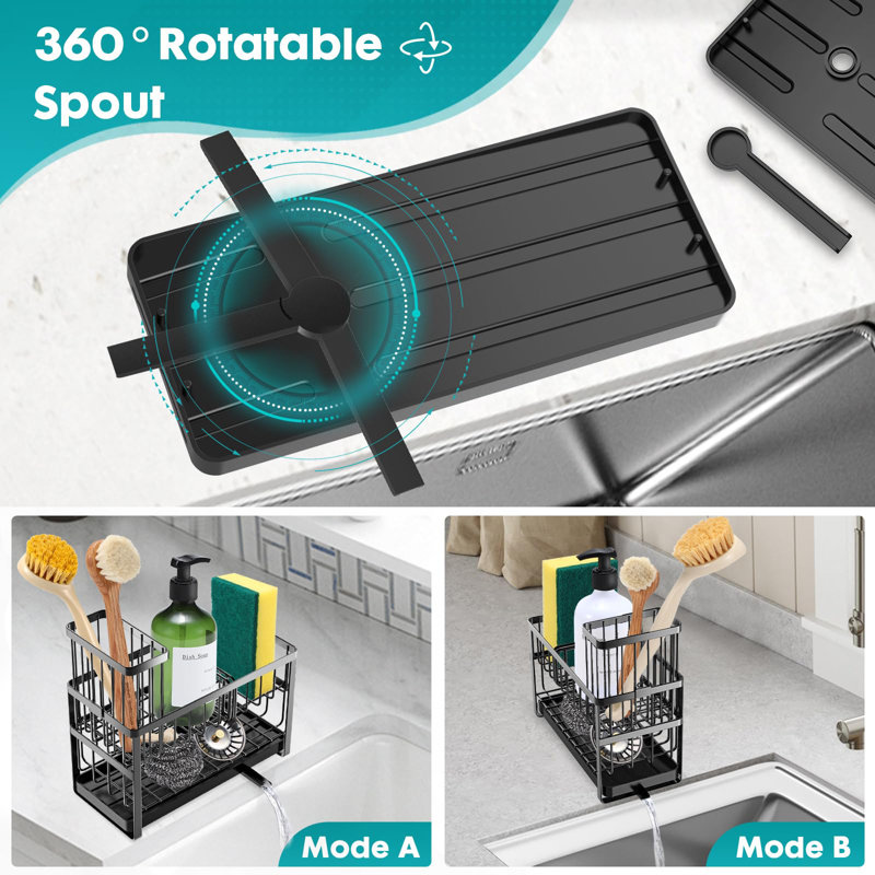 Porte-éponge pour organisateur d'évier de cuisine, porte-brosse à vaisselle à 2 niveaux, porte-ustensiles en acier inoxydable avec support, noir